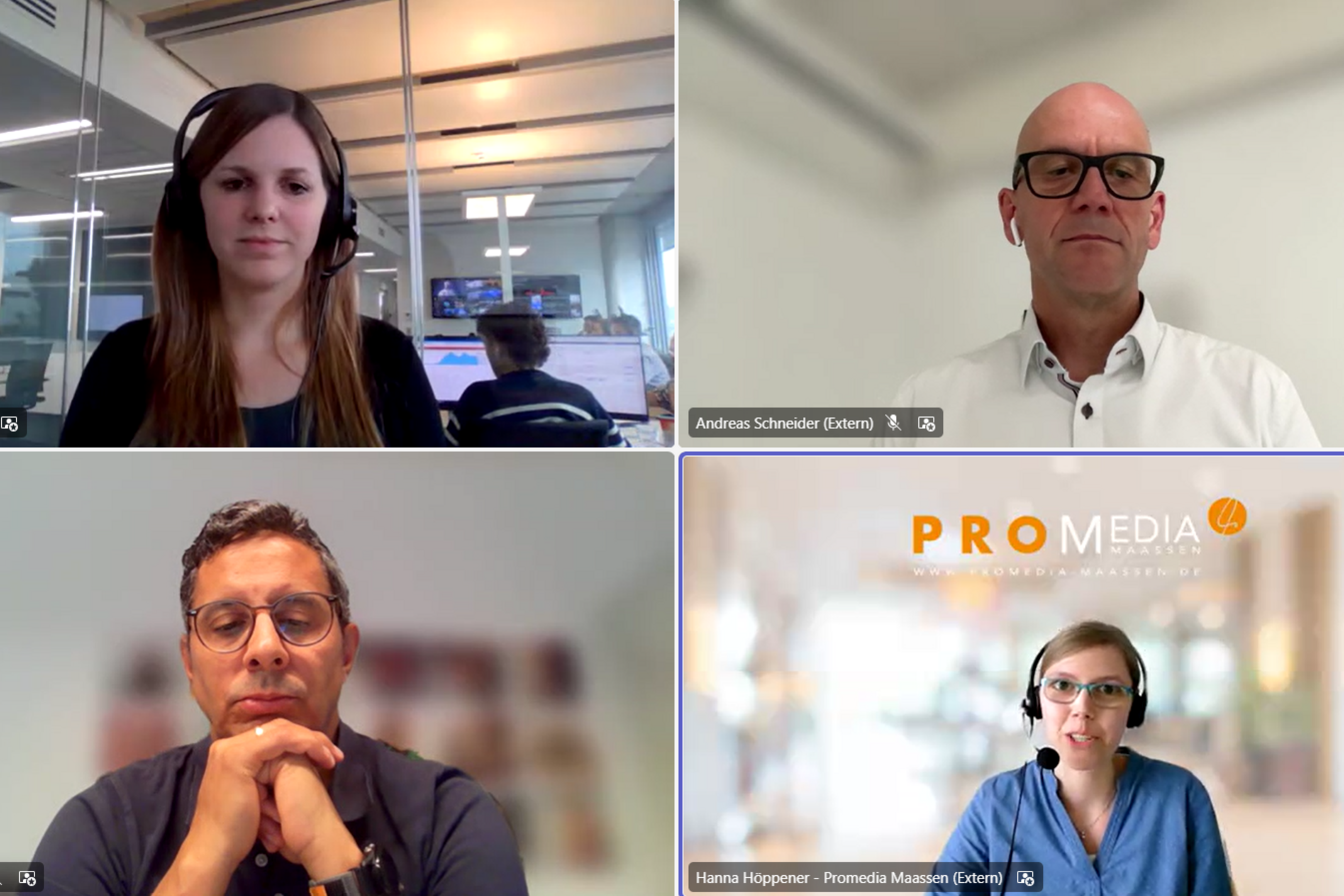 Erklärten im Online-Seminar Schülern und Lehrkräften den Wettbewerb: Annika Kasties (AZ, links oben), Andreas Schneider (NetAachen), Amien Idries (AZ, links unten), Hanna Höppener (Promedia Maassen).