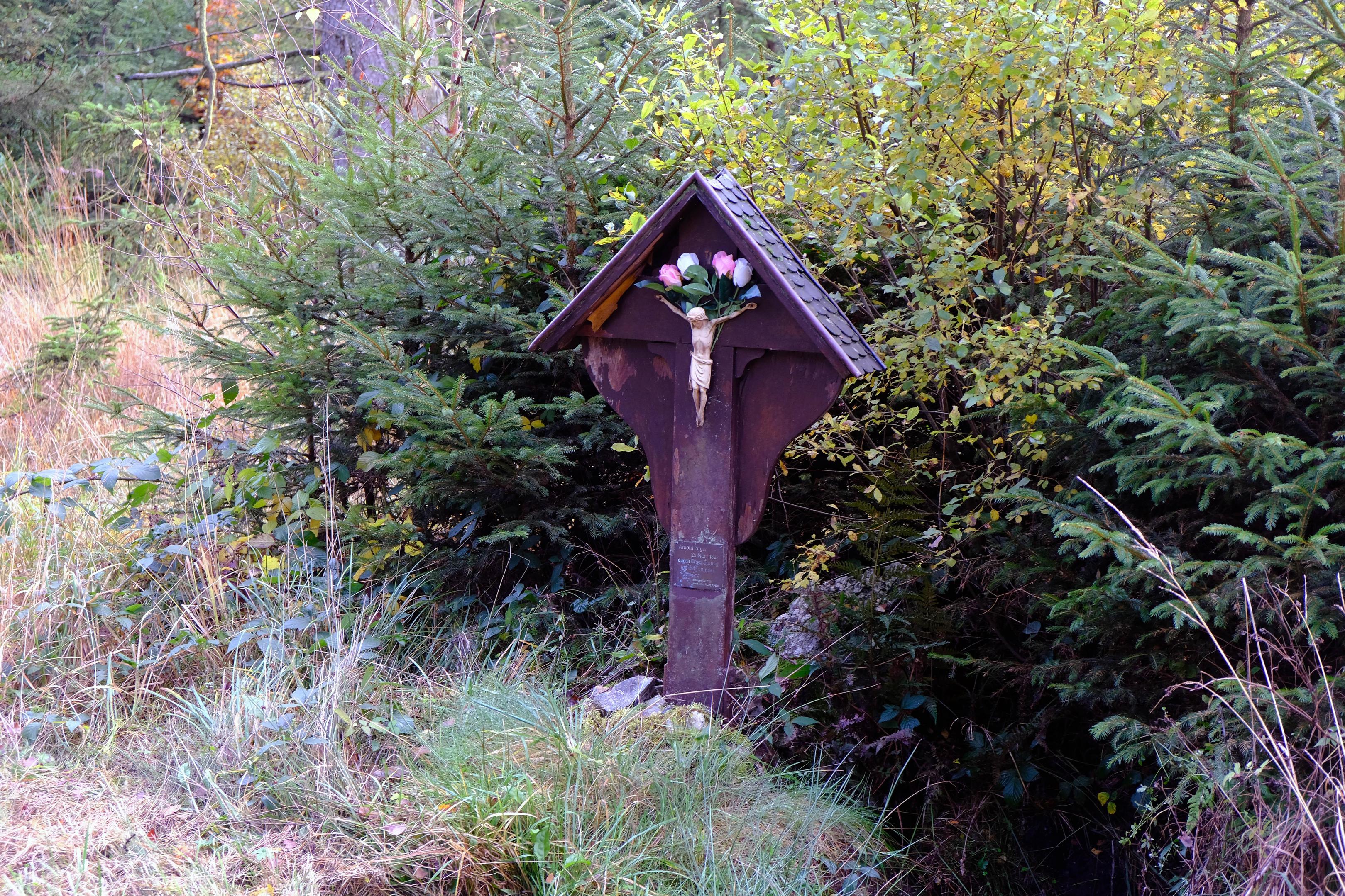 Ein einfaches Holzkreuz am Forstweg zwischen Konzen und Fringshaus erinnert an den tragischen Tod des Arnold Pilger mitten im Wald. 
