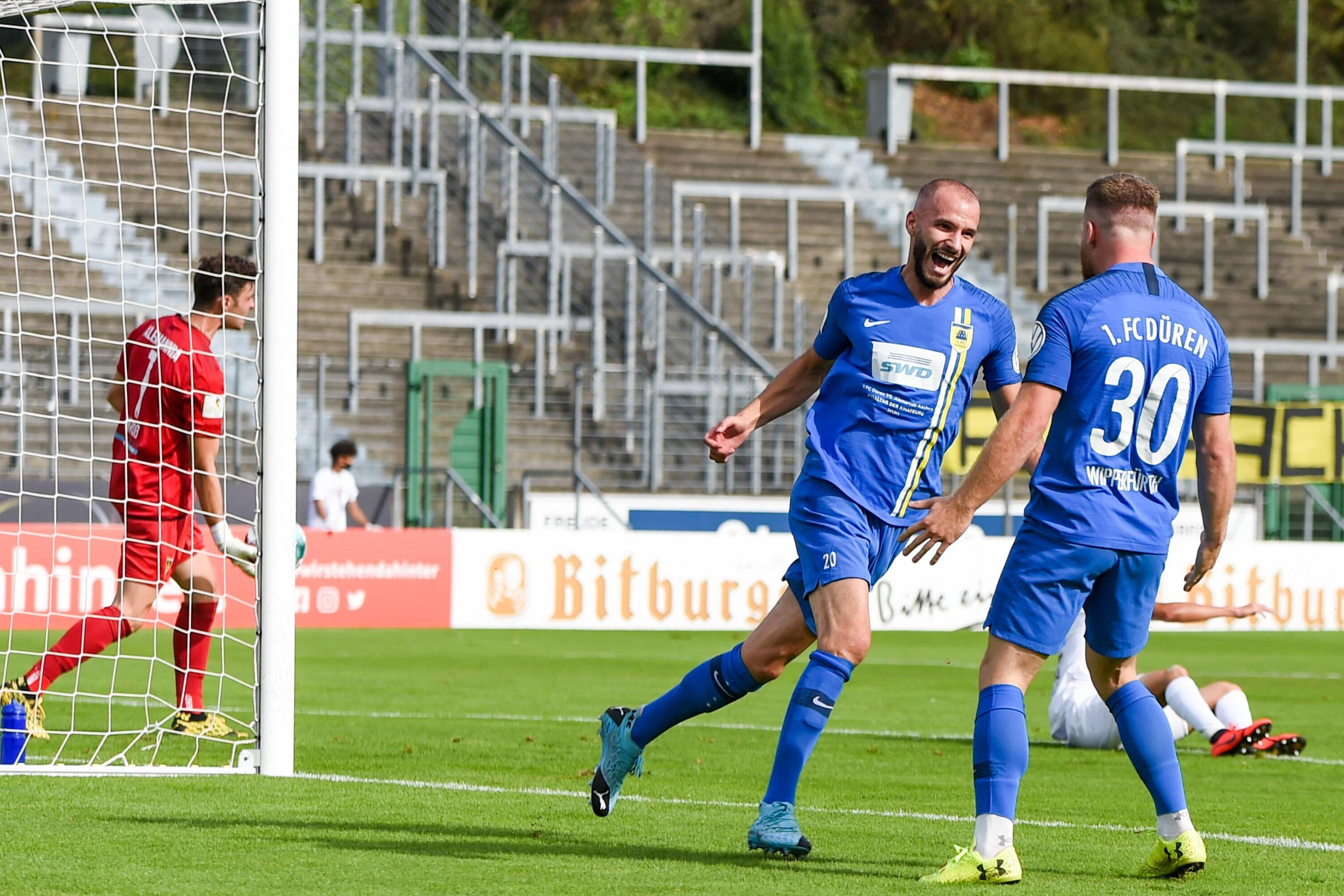 Bejubelt im Finale 2020 gemeinsam mit Vorlagengeber Markus Wipperfürth seinen Treffer zum 1:0 gegen die Alemannia: Adis Omerbasic.