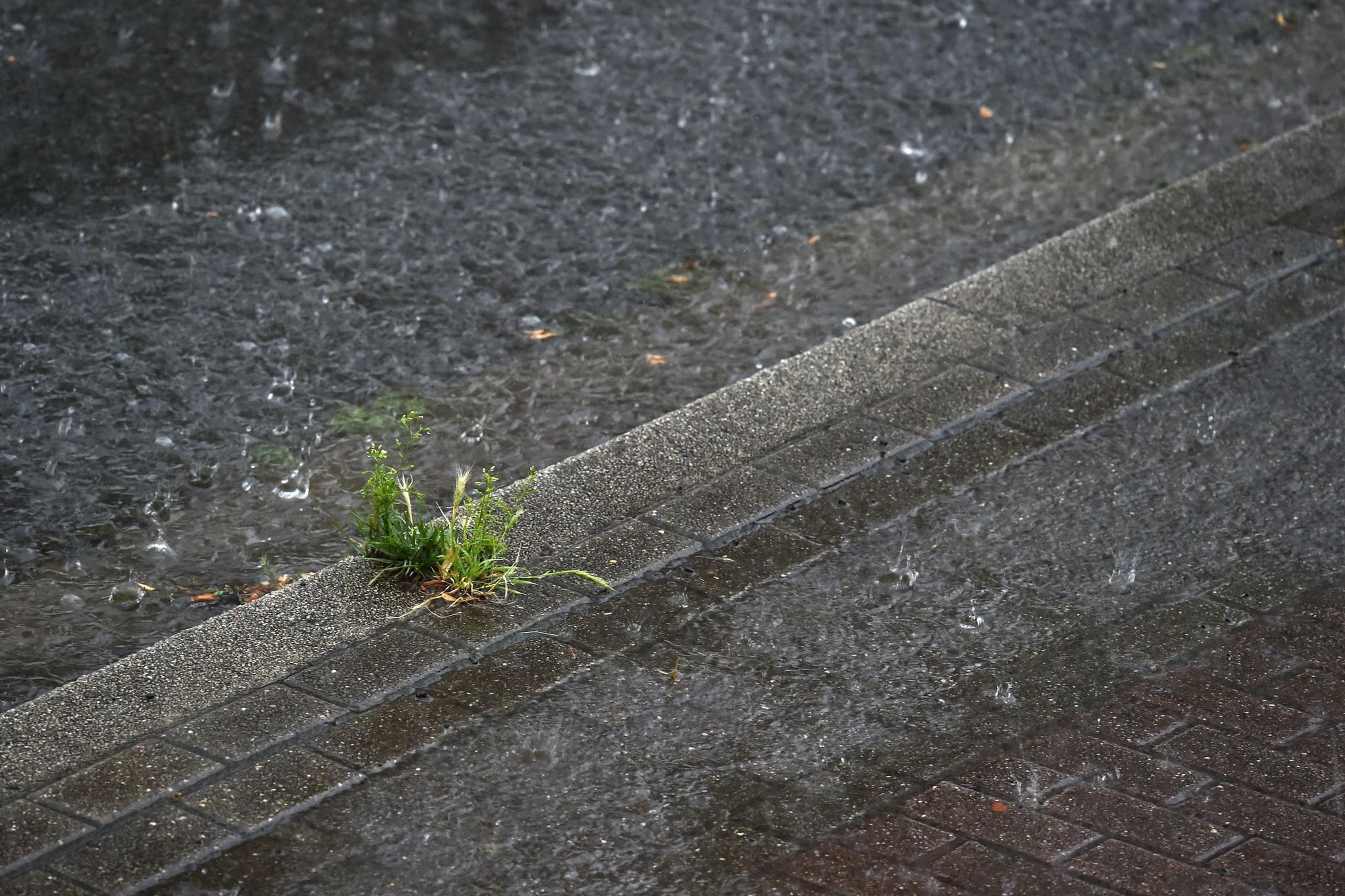 Regenwasser sammelt sich während eines starken Gewitters auf der Straße und dem Gehweg.